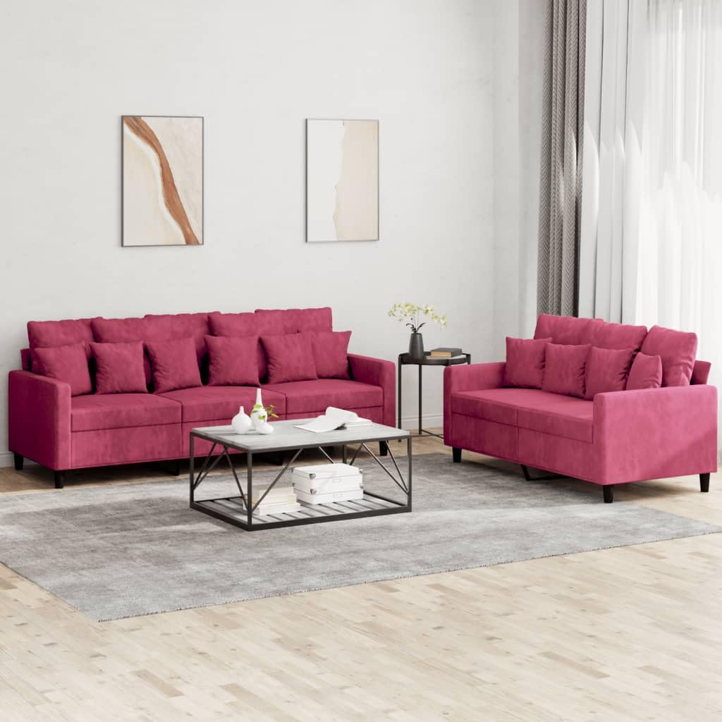 Ensemble de canapé 2 pièces en velours rouge vin avec canapé 2 places et 3 places, 18 coussins, cadre en métal robuste, peu encombrant, pour salon, chambre d'adolescent, chambre d'amis