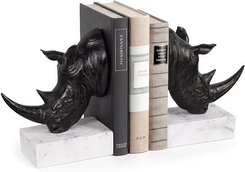 Rhino Head Bookends, Sculptural Rhinoceros Book Ends for Shelves Office Desk, Heavy Decorative Animal Bookends, Home Office Library Decor Black