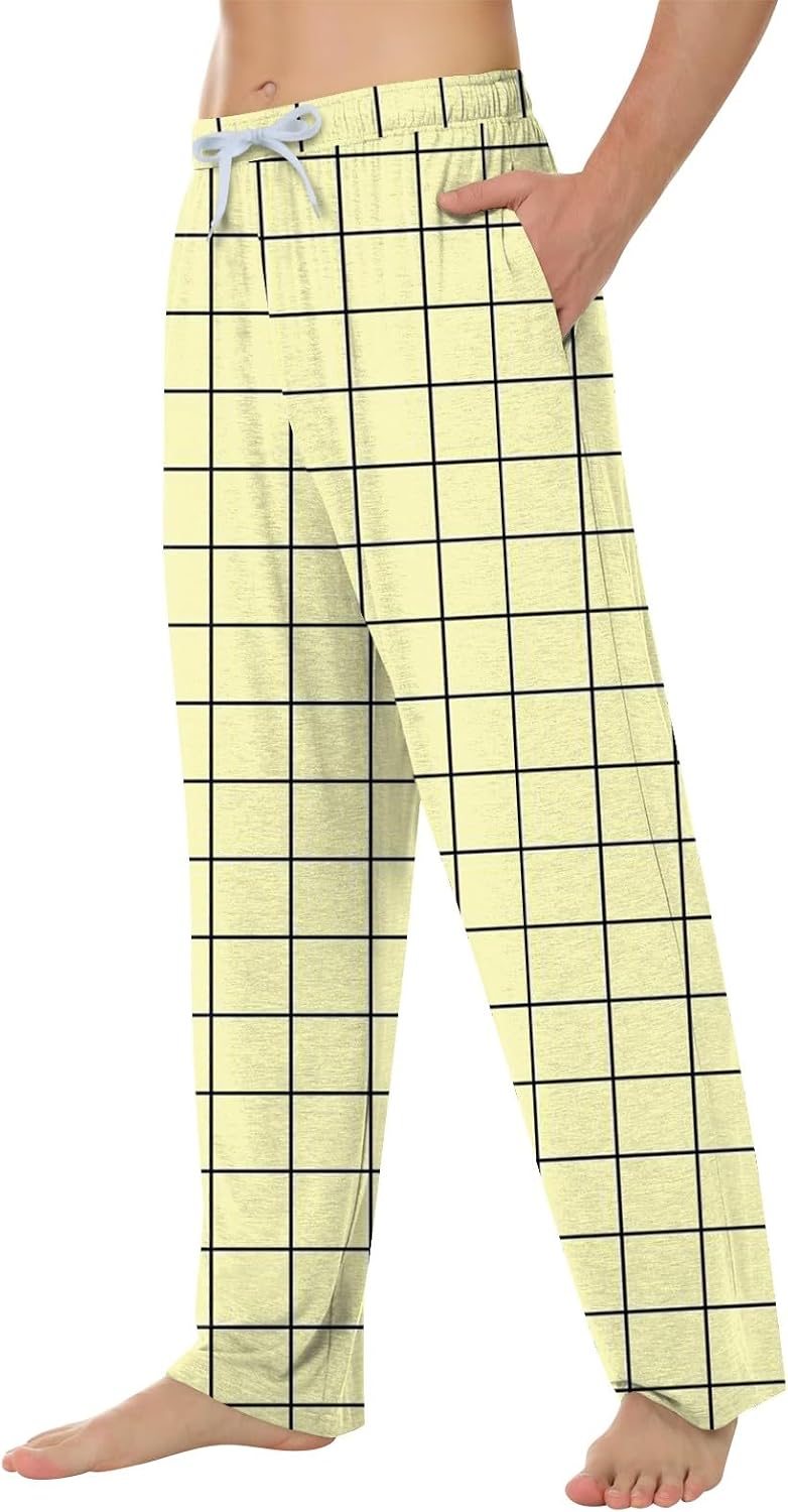 WENKOMG1 Men's Soft Sleep Pants, Lightweight Plaid Lounge Pj Bottoms with Pockets and Drawstring, XS-5XL