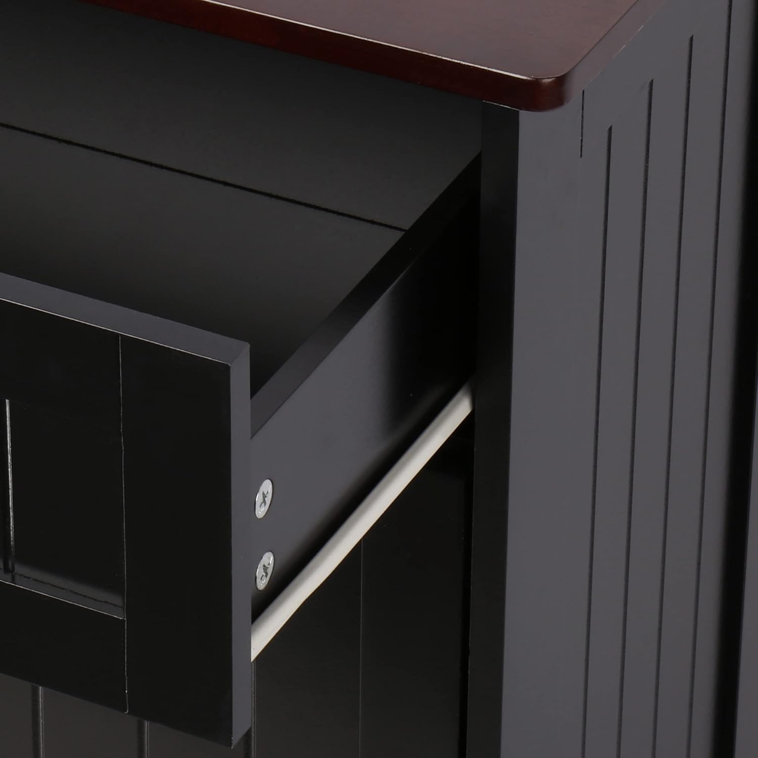 Close-up view of the open storage drawer of the TOLEAD Tilt Out Trash Cabinet