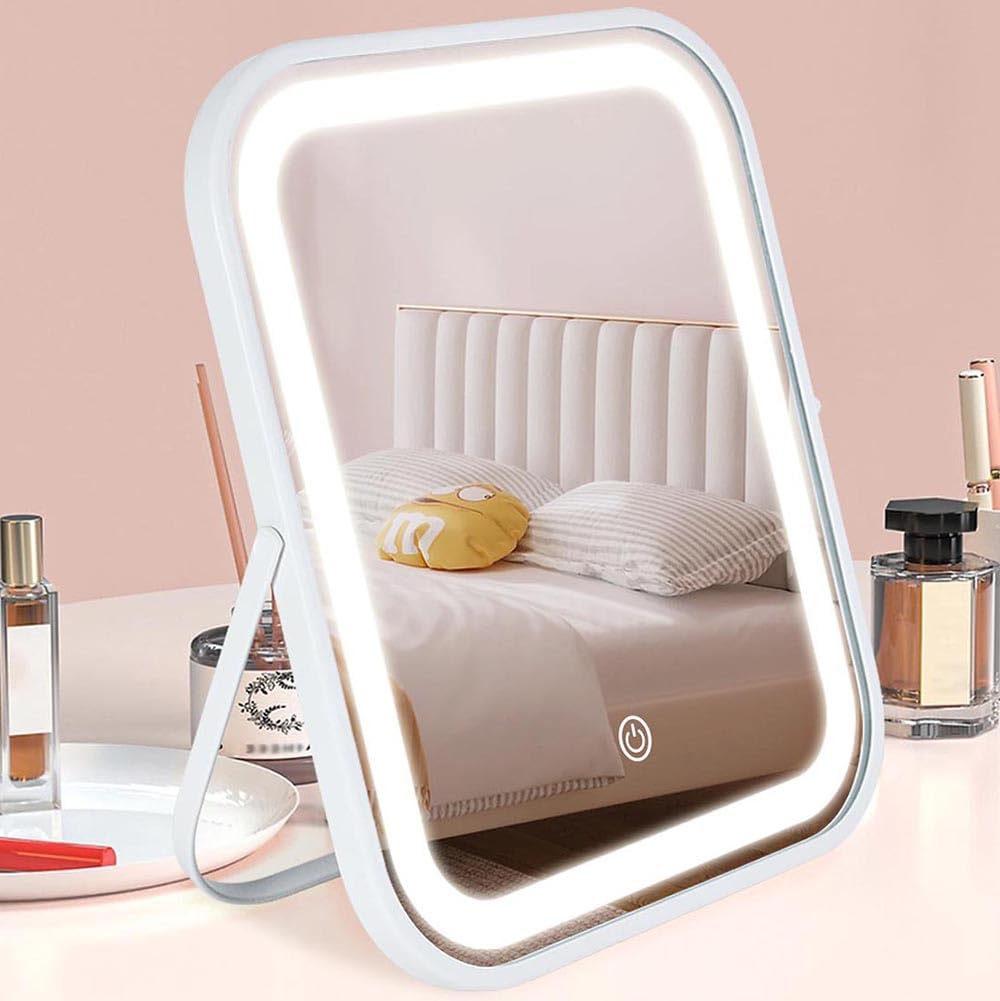 YEKKOPT Wiederaufladbarer Kosmetikspiegel mit Lichtern, 20,3 x 25,4 cm, 3-farbige Beleuchtung, tragbarer Make-up-Spiegel mit Touchscreen, verstellbare LED-Lichter, Schreibtischspiegel für Reisen