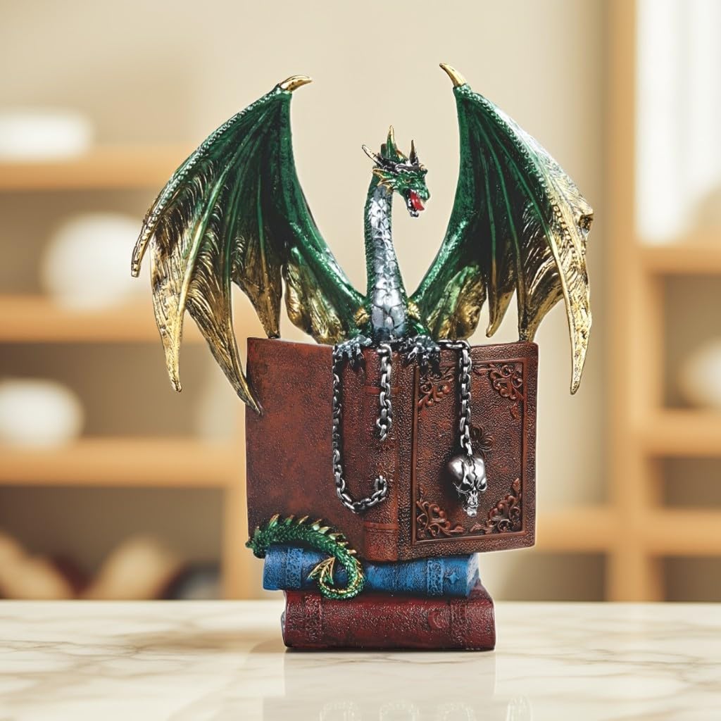 ICE Armor 24,1 cm H grüner und goldener Drache auf Zauberbuch, Gothic, dekorative Figur, Statue, dekoratives Display, Ornament, Sammlerstück für Wohnzimmer, Schlafzimmer, Büro