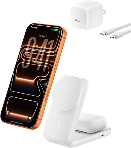 Belkin MagSafe Charger Compatible, 2-in-1 Charging Station, Qi2.2 25W Magnetic Wireless Charger Dock, Foldable Stand, with 5W USB-C Port, for iPhone