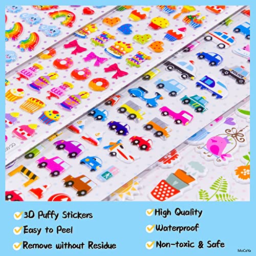 Kids Puffy Stickers For Toddlers - Moceya Stickers For Kids 1200 Pcs Kids Stickers Variety Pack For Scrapbooking Journal Including Animal, Hearts, Rainbow, Fish, Dinosaurs, Cars Etc. #TOP2