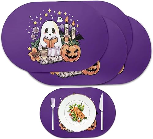 Pumpkin Placemats Set of 4 Ghost Non Slip Washable Heat Resistant Place Mats 12x18 Inch Round Tablemats for Dining Kitchen Party Daily Table Decor