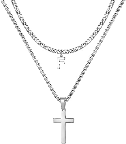 Cross Necklace for Men, Stainless Steel Silver Layered Initial Letter Cross Pendant Necklaces Chain for Men Boys, Initial Cross Necklace Cuban Link