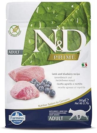 FARMINA N&D Prime Dry Cat Food, Adult, Grain-Free, 0.3-kg, Lamb and Blueberry