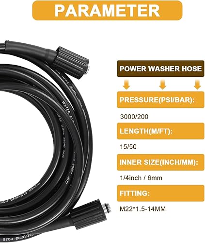 Vista 52 de OCPTY Manguera de lavado a presión de agua caliente 3/8" x 50ft 6000psi 2-Braid R2 Negro