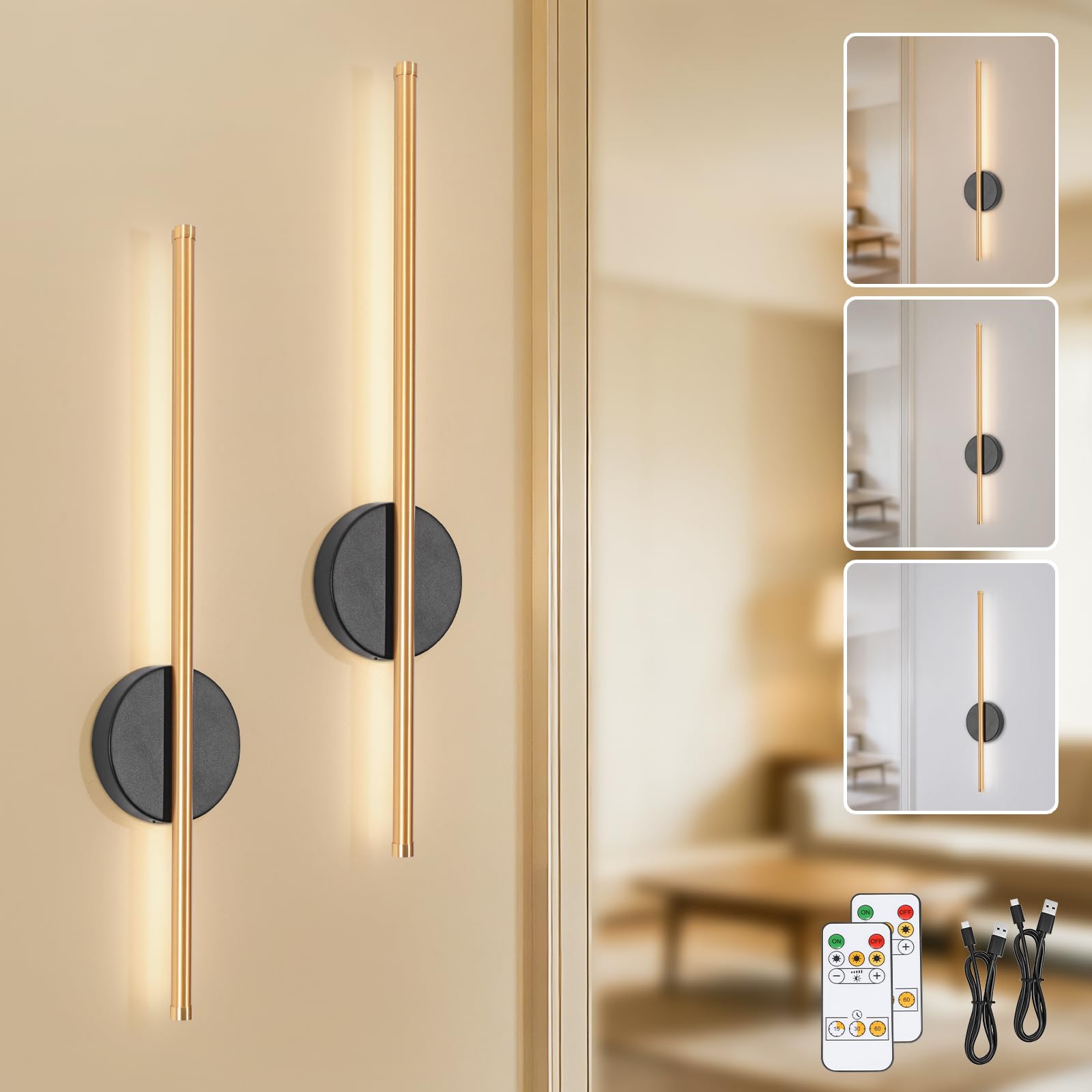 TaoFiaCo 60CM LED Wandleuchte Innen Akku Schwarz Gold - Wandlampe mit Fernbedienung 3 Farbtemperatur Dimmbar - LED Akku Wandleuchte Kabellos für Wohnzimmer Schlafzimmer Esszimmer 2 Stück