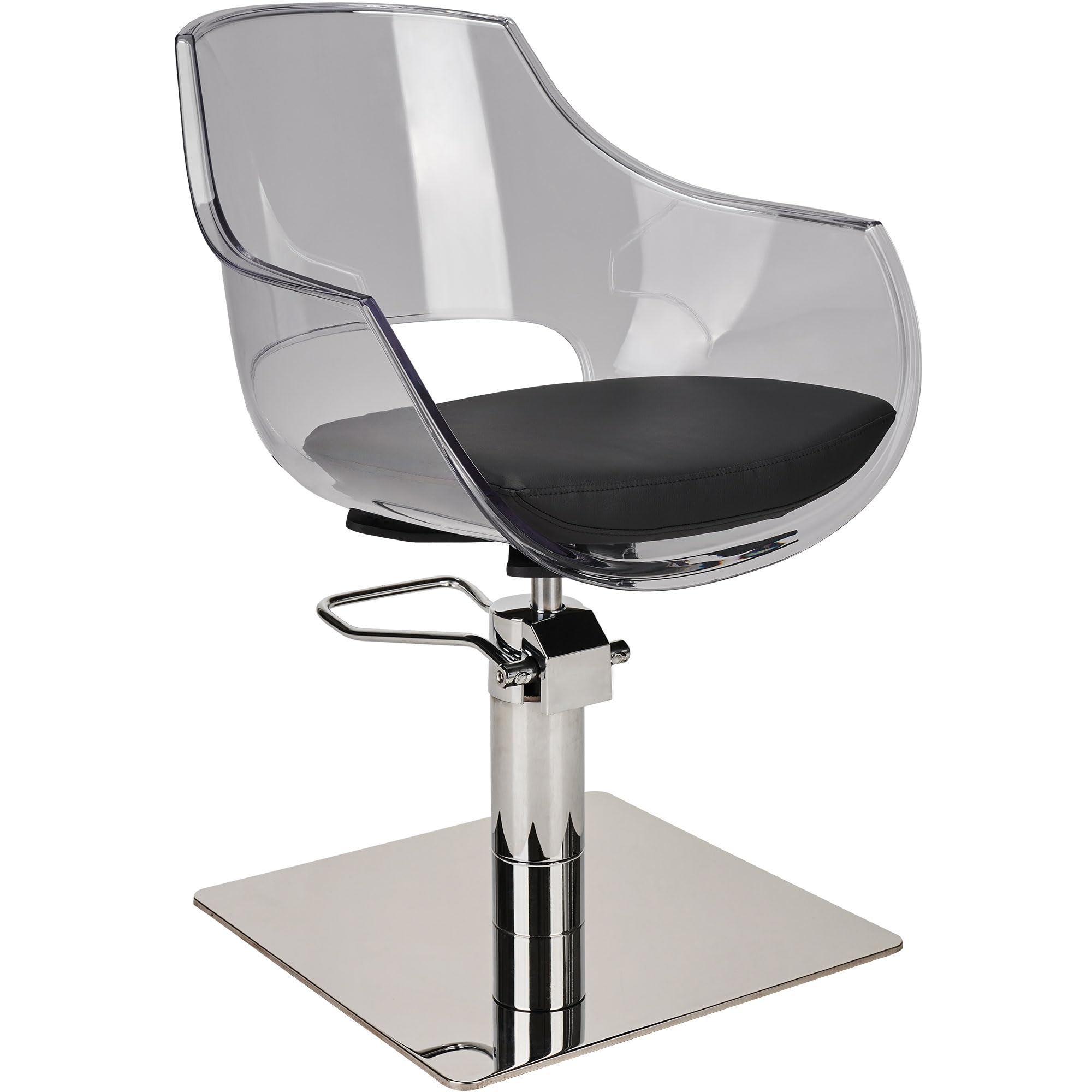 AYALA Friseurstuhl GHOST für Kosmetik- und Friseursalon mit schwarzem Kissen, Hydraulikpumpe ( Quadrat silber )