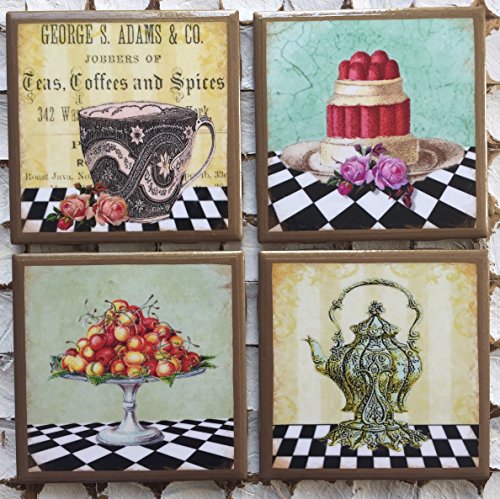 Black and white check tea party themed coasters with gold trim