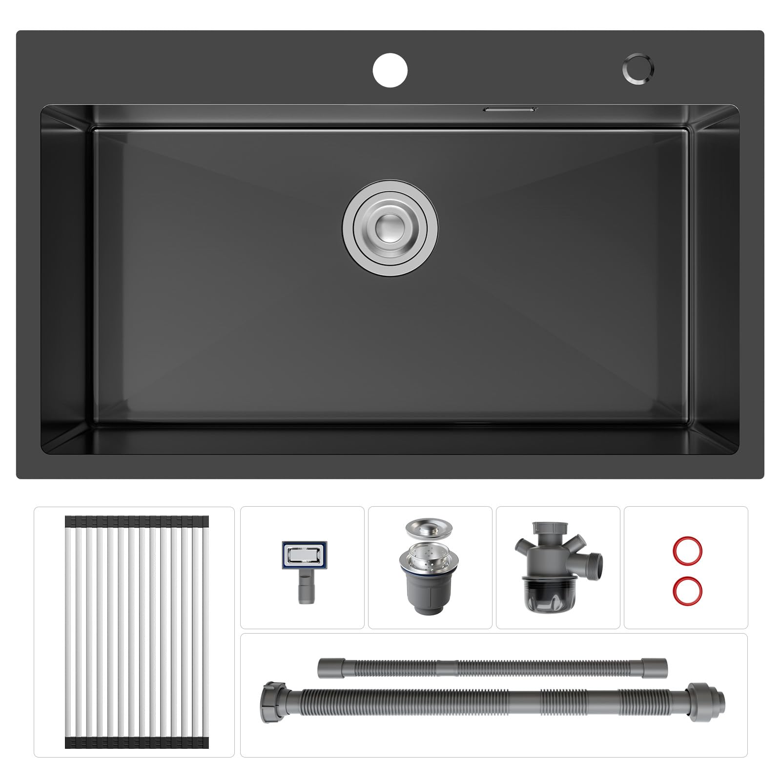 CECIPA 75x45 cm Évier Cuisine noir 1 Bac en Acier Inoxydable, Avec égouttoir pliable, dispositif anti-débordement et un kit de vidange, Convient 80 centimètres plus Évier intégré