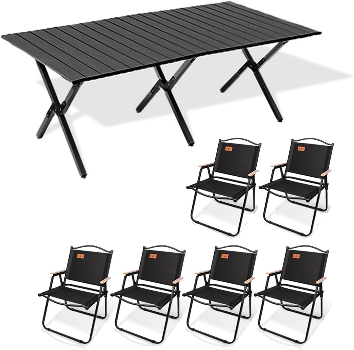 Foldable Camping Table Set with Chair，Camping Portable Folding Table & Chairs，Lightweight and Easy to Carry, Perfect for Catering, Travel, Barbecue Parties.(Black,150CM+6 Large Chairs)