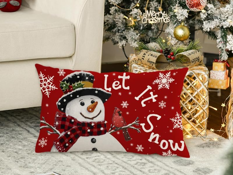Miniatura 8 de Fundas de almohada rojas de Navidad de 12 x 20 pulgadas, funda de almohada lumbar con diseño de muñeco de nieve y muñeco de nieve, funda de almohada