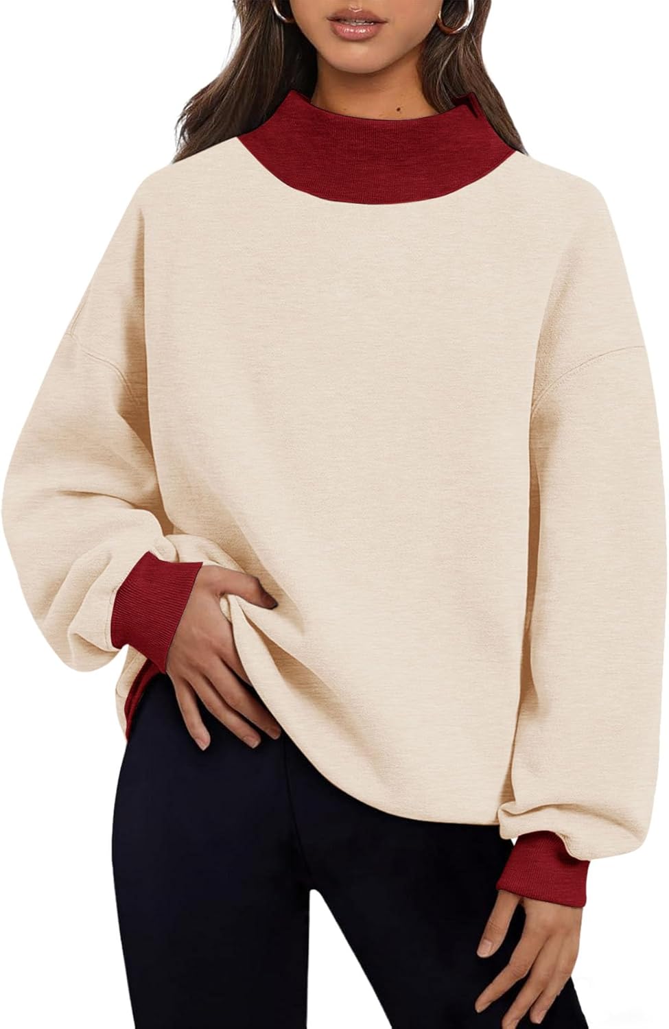 PRETTODAY Women's Oversized Sweatshirts Color Block Turtleneck Fleece Pullover Tops Long Sleeve Loose Fall Fashion Outfits
