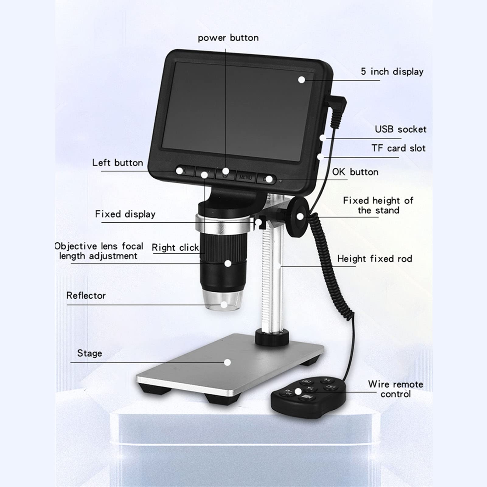 Microscopio USB schermo da 5 pollici dotato di controllo tramite app WiFi Zoom 1000X Illuminazione a 8 LED per sistemi iOS/Android/PC per l'ispezione di circuiti