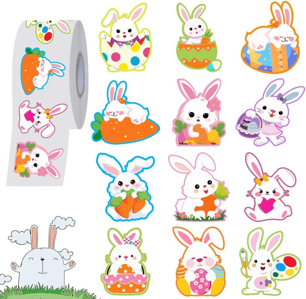 1200 PCS Easter Bunny Stickers Roll Self-Adhesive Easter Decorative Label for Envelopes Craft Card Gift Party Supplies(12 Designs)