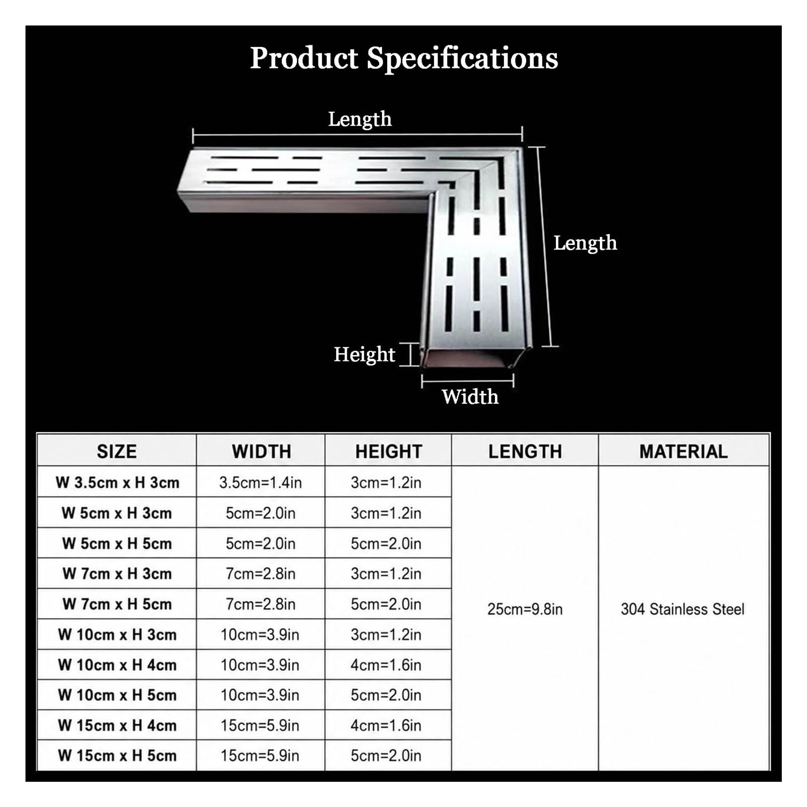 Stainless Steel 304 Drainage Channel Kit 90° Angle Corner Trench Drain