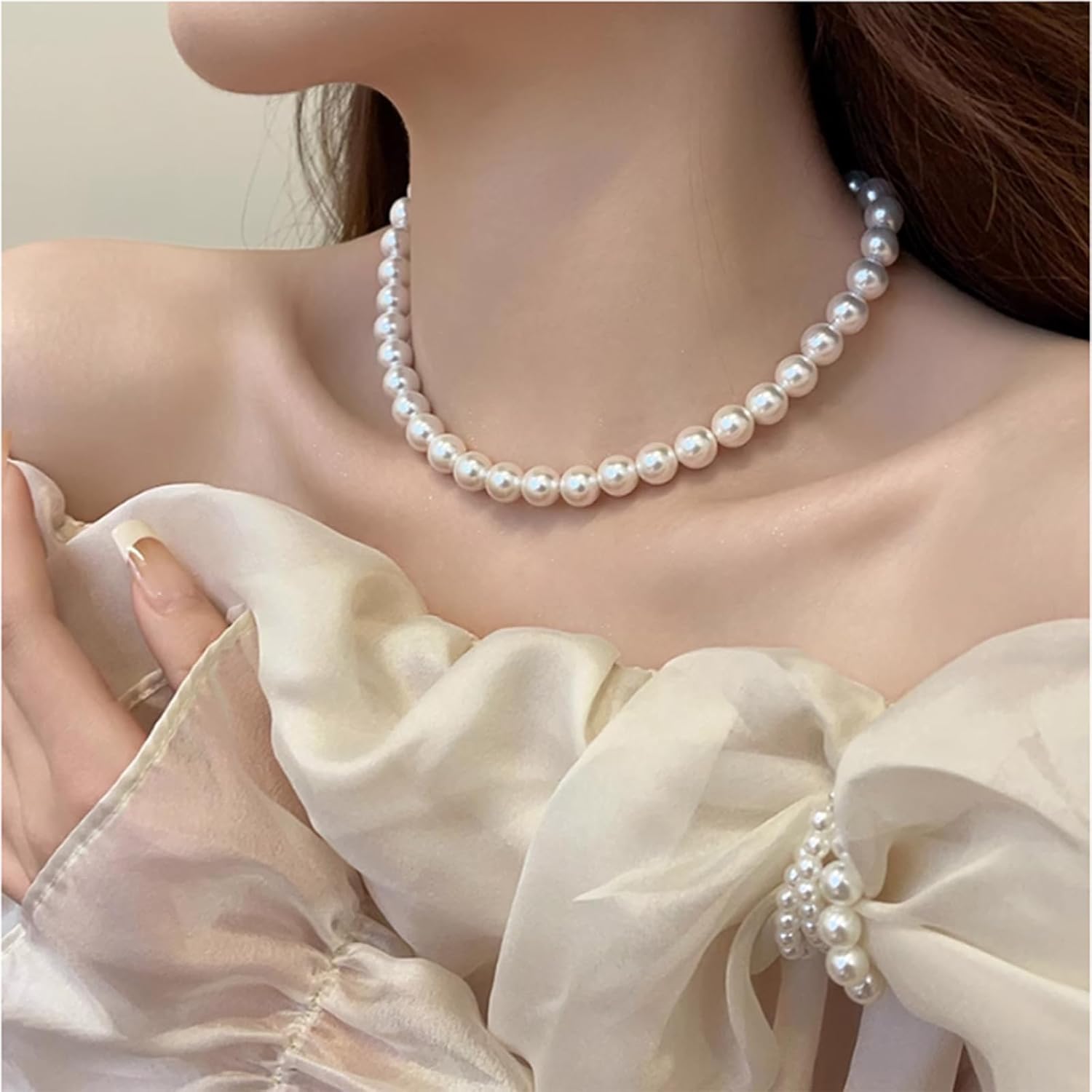 Sterling Silver Pearl Necklace and Earrings Set for Women, 8mm Simulated Pearl Choker Necklace and Stud Earrings, Hypoallergenic Pearl Jewelry Set with Velvet Giftbox, Great Gift for Her. - Image 3