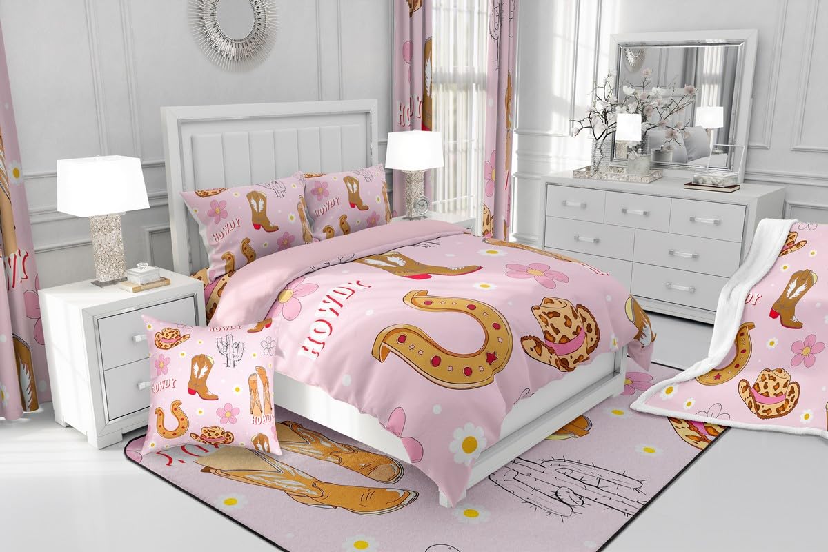 Homewish Copripiumino 140 x 200 Cowgirl rosa con 1 federa 65 x 65 cm – Parure da letto per bambini, motivo: fiori di campagna, set di copripiumini ferro a cavallo occidentale – microfibra