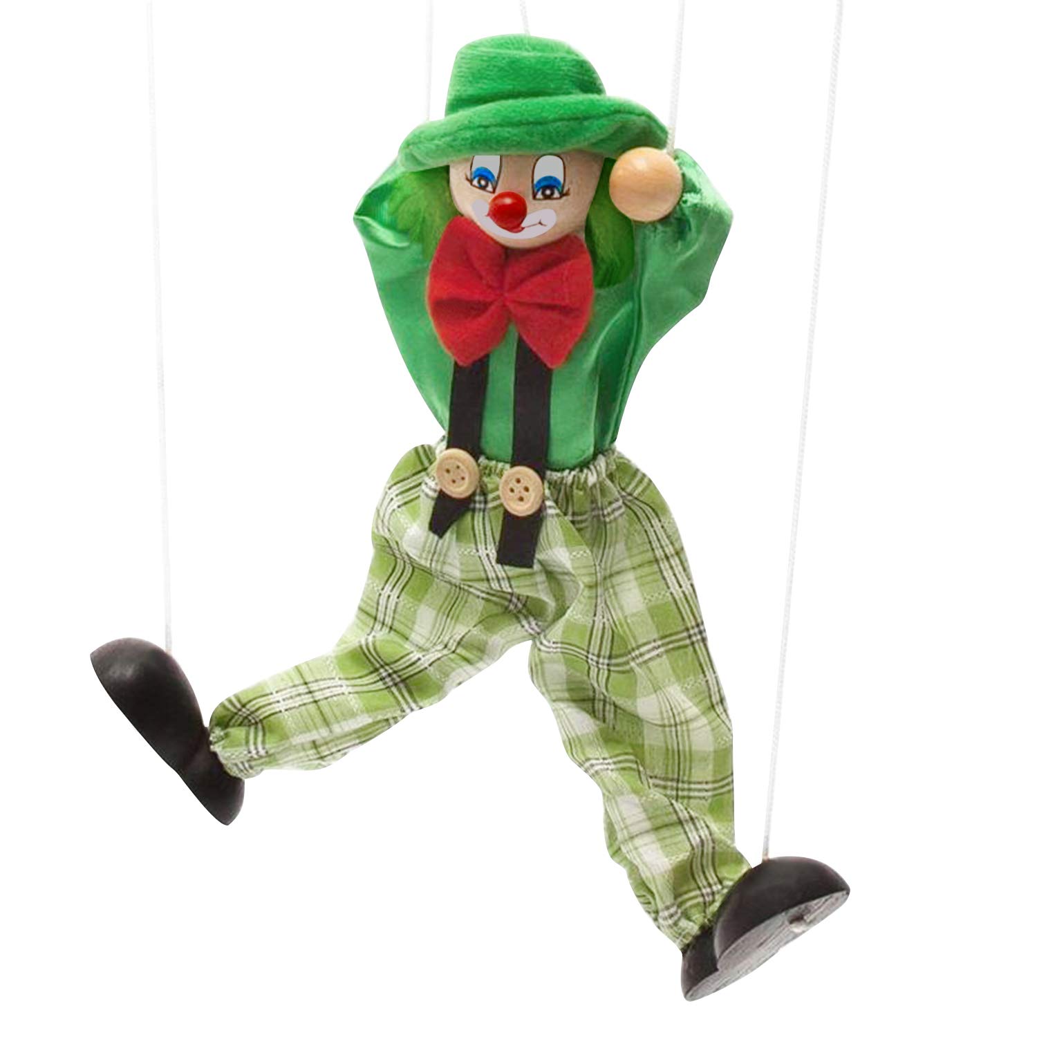 JIAHG Pull String Clown Marionette Doll Toy, Vintage Wooden Hand Puppet, Green, Yellow, 42 cm, Fabric + Wood, Toddler, Christmas, Birthday, Halloween