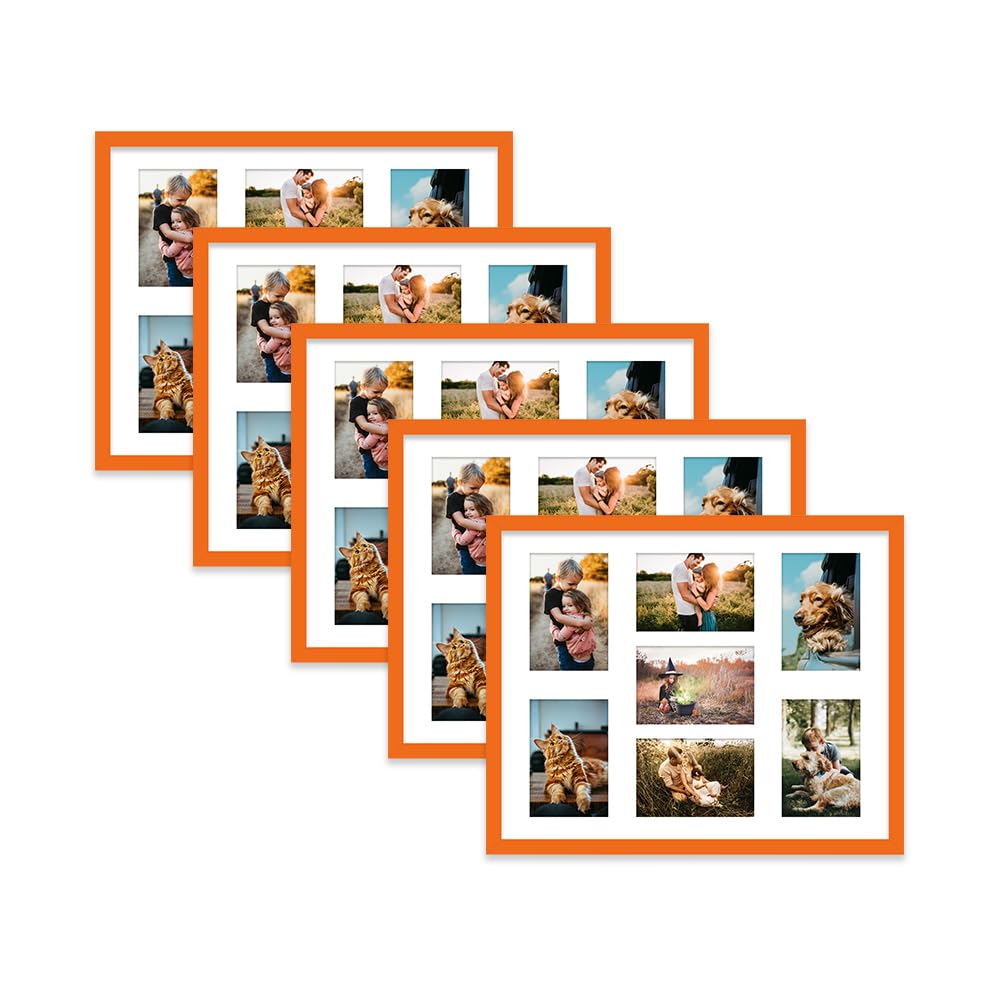 Orange Multi Photo Frame - Holds 7 x 6x4 Pictures, Family Collage Picture Frame for Wall Display, 20x16 Frame size, Set of 5