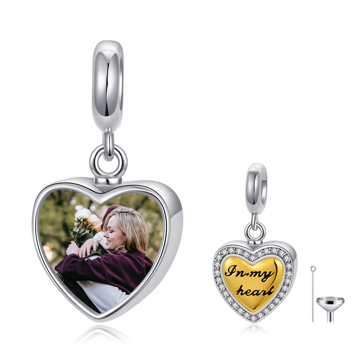 Personalized Heart Photo Cremation Urn Charm for Ashes 925 Sterling Silver Custom 2 Picture Image Bead Fit Snake Bracelet Keepsake Memorial Locket for