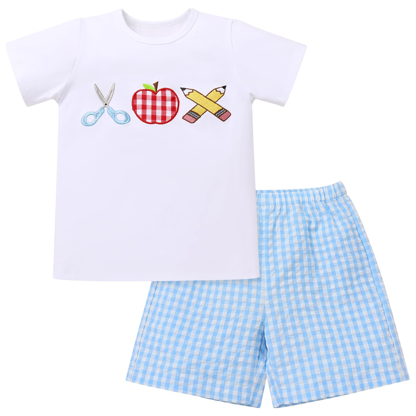 OBEEII Back to School Outfit Toddler Boy Short Sleeve Graphic Shirt Gingham Shorts First Day of School Summer Clothing Set