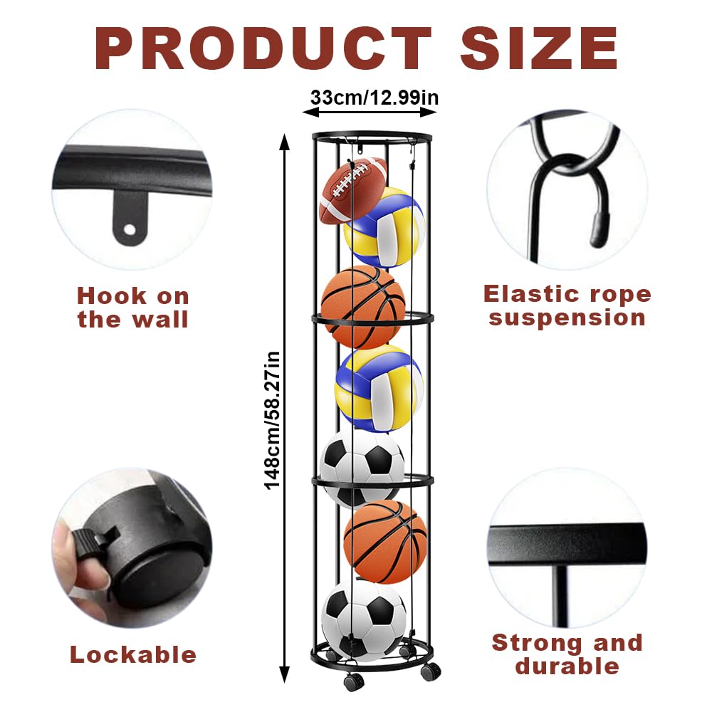 3 Tier Ballständer mit Rollen, Ball Aufbewahrung garage, Ballaufbewahrungskäfig-Ballhalter, Vertikales Ballaufbewahrungsregal, Garage Organizer für Sportgeräte Basketball Fußball Volleyball