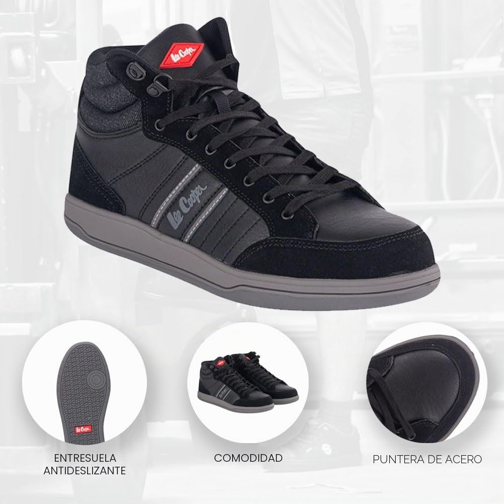 Lee Cooper LCSHOE099 Ropa de trabajo para hombre, puntera de acero mediana, entresuela de seguridad, S1P SRA Zapatos de seguridad para el trabajo, Gris/Negro, 41 EU