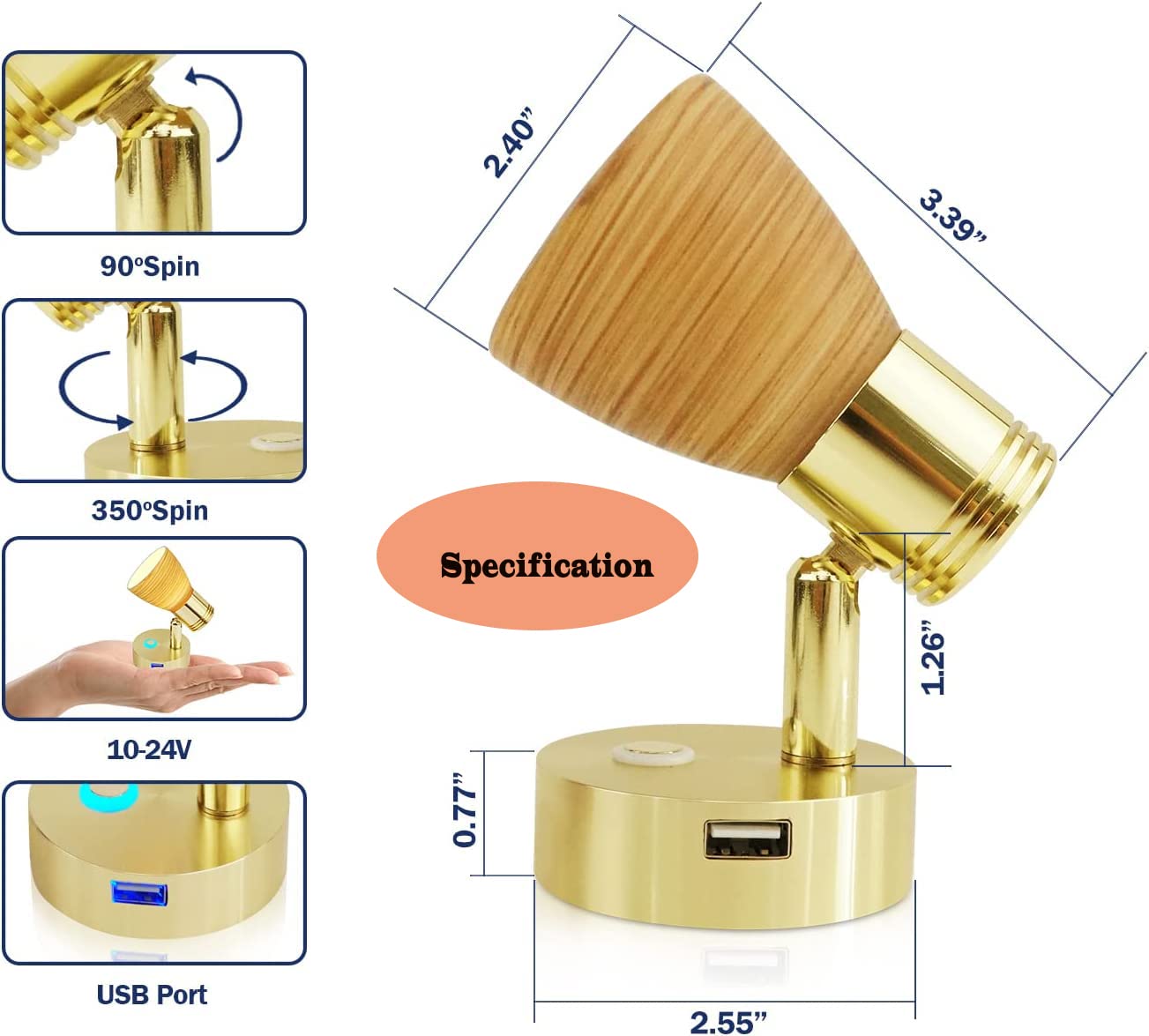 2 luces de lectura RV de 12 voltios con puerto USB, vidrio esmerilado con acabado pulido de madera, luces interiores, aluminio con acabado dorado