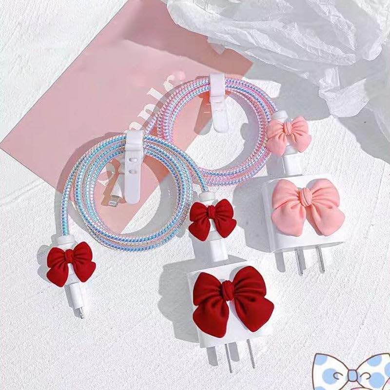 Image of EDNITA Charger Cable Protector with 3D Cute Pattern for iPhone Charger only 18W & 20W | Data Line Wire Saver Charging Cable Charger Protective Cable Full Protection Set of - 1 (Red Bow)