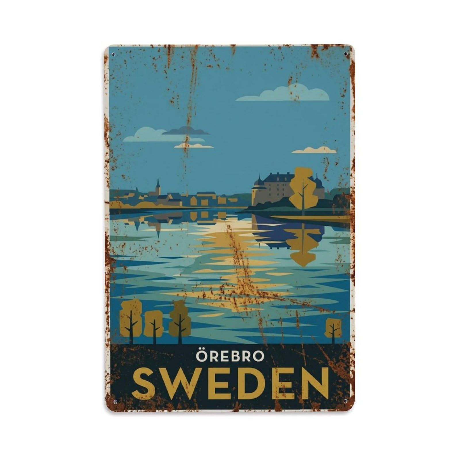 Vintage Travel Orebro Sweden Reflection Metal Tin Sign