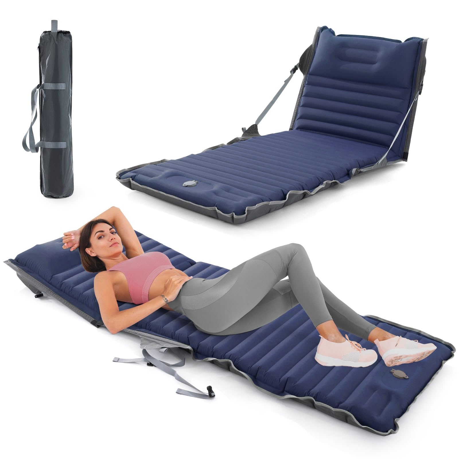 Homcosan Adjustable Camping Sleeping Pad or Chair Inflatable Camping Mat with Pillow Built-in Foot Pump Sleeping Pad for Camping Backpacking Hiking Traveling Tent-Navy Blue
