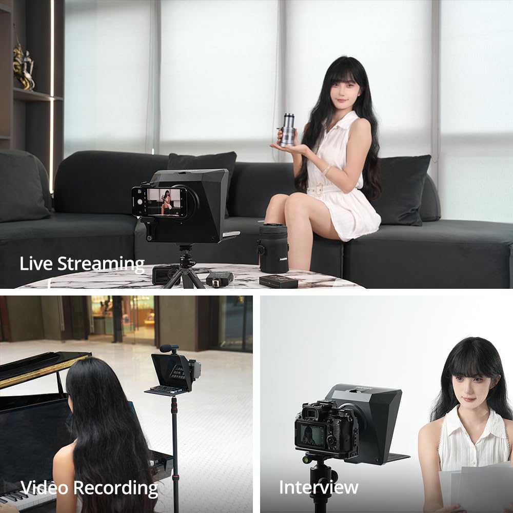 Ambitful T1 Pro Teleprompter per telefono con treppiede desktop, kit di teleprompter portatile con telecomando, supporta smartphone/DSLR/mini tablet (sotto i 8,3 pollici), per YouTube, Tiktok