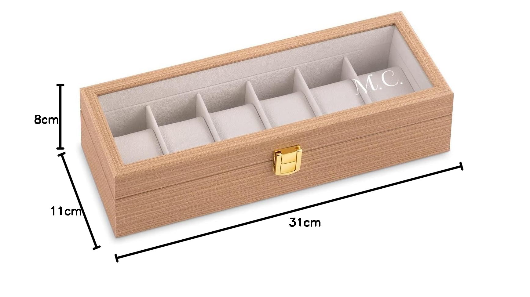Maverton Boîte à 6 montres personnalisée en bois - 31 cm x 11 cm x 8 cm - Coffret pour une collection de montres - Cadeau pour collectionneurs - Pour homme - Initiales