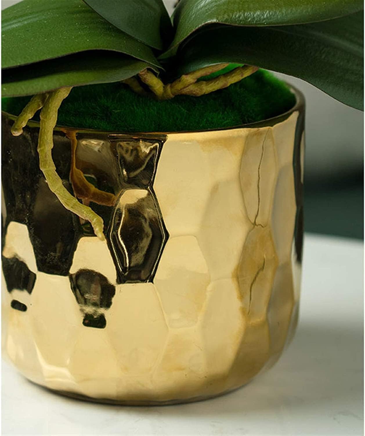 Orquídea Phalaenopsis Artificial de 48 cm en Elegante Maceta de Porcelana Dorada. Ideal para decoración del hogar, Bodas u Oficina. Aspecto Natural y fácil Mantenimiento.