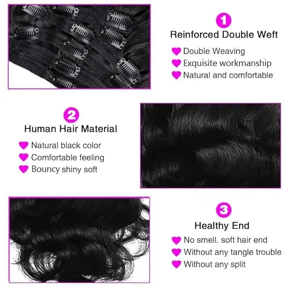 Body Wave brazylijskie przedłużenie włosów z klipsem, ludzkie ciało, 8 szt., dla czarnych kobiet, z 16 klipsami, 120 g, naturalne czarne włosy z klipsem, 16 cali