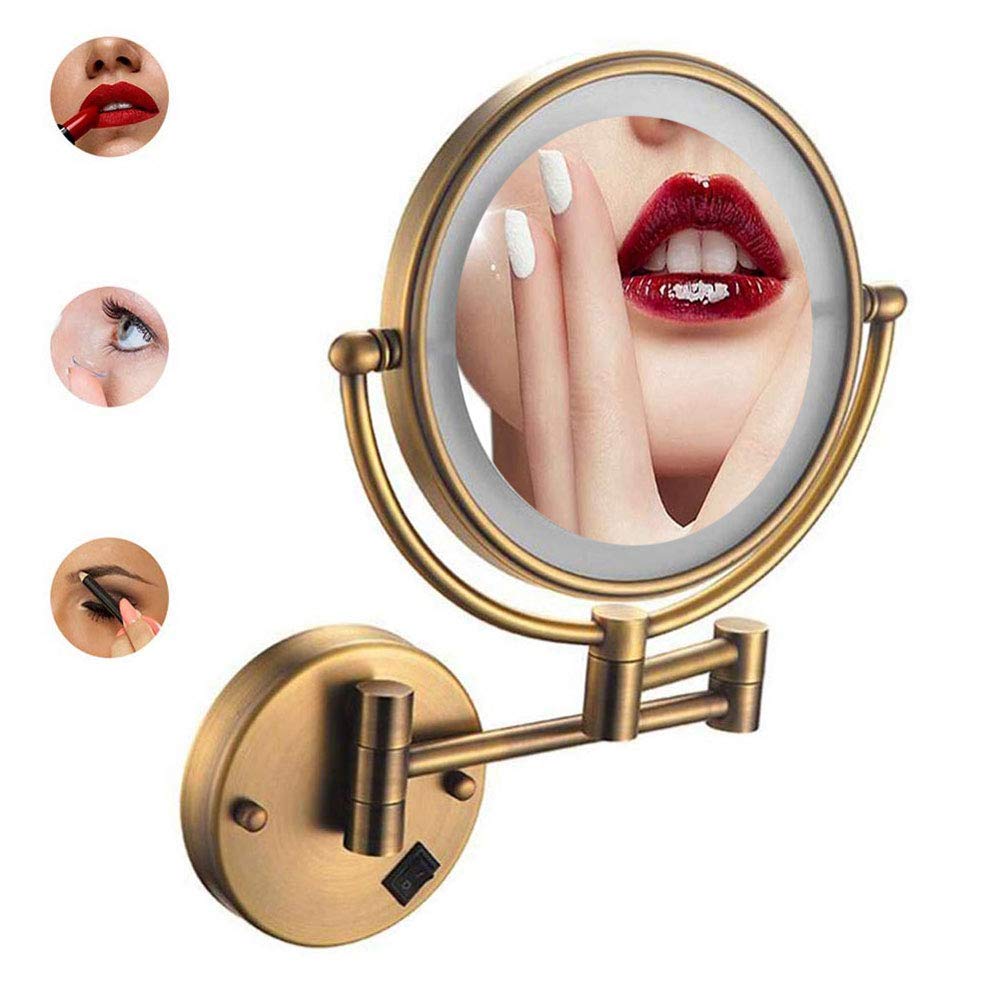 Espejo de maquillaje montado en la pared, espejo de maquillaje con luz de dos caras giratorio de 360° extensible espejo de tocador brazo telescópico con enchufe 5X () pequeño regalo