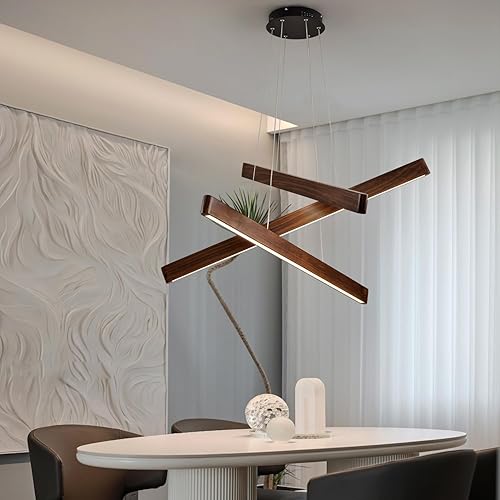 Miniatura 5 de Lámpara colgante lineal de 3 luces, lámpara para comedor, lámparas de araña LED modernas para sala de estar, lámpara de techo de madera regulable,