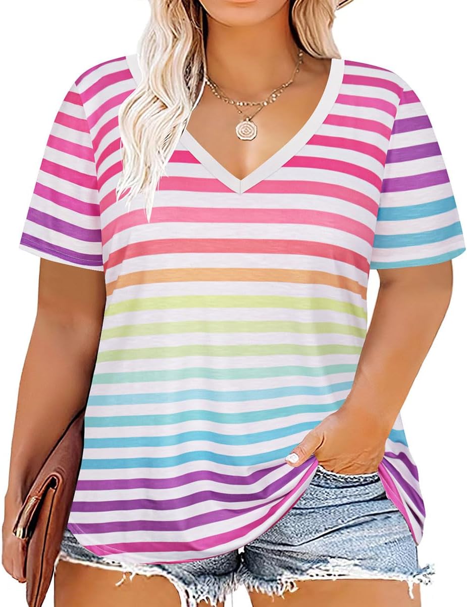 CARCOS Plus Size Tops for Women Short Sleeve Shirts Basic Tee Solid Color Blouse V Neck Tunic Loose Fit Tshirts Summer XL-5XL