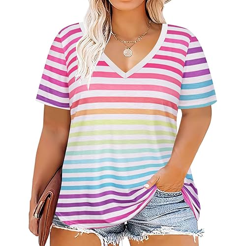 CARCOS Plus Size Tops for Women Short Sleeve Shirts Basic Tee Solid Color Blouse V Neck Tunic Loose Fit Tshirts Summer XL-5XL