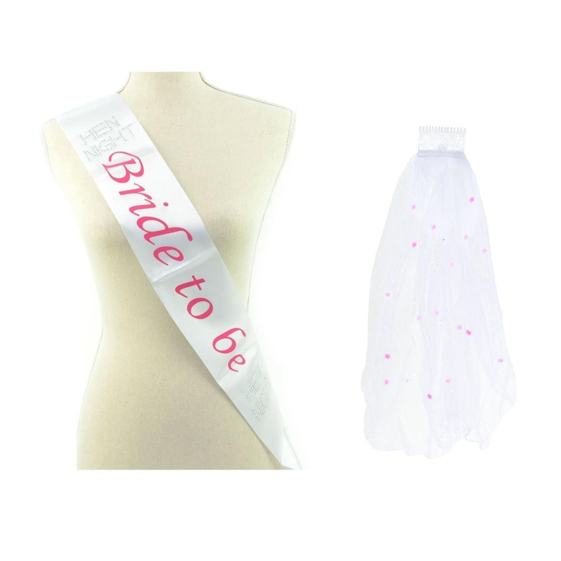 Shatchi Multi Bride To Be Set (White Veil And White Satin Sash) Hen Party, Bridal, Bachelorette Party Favors