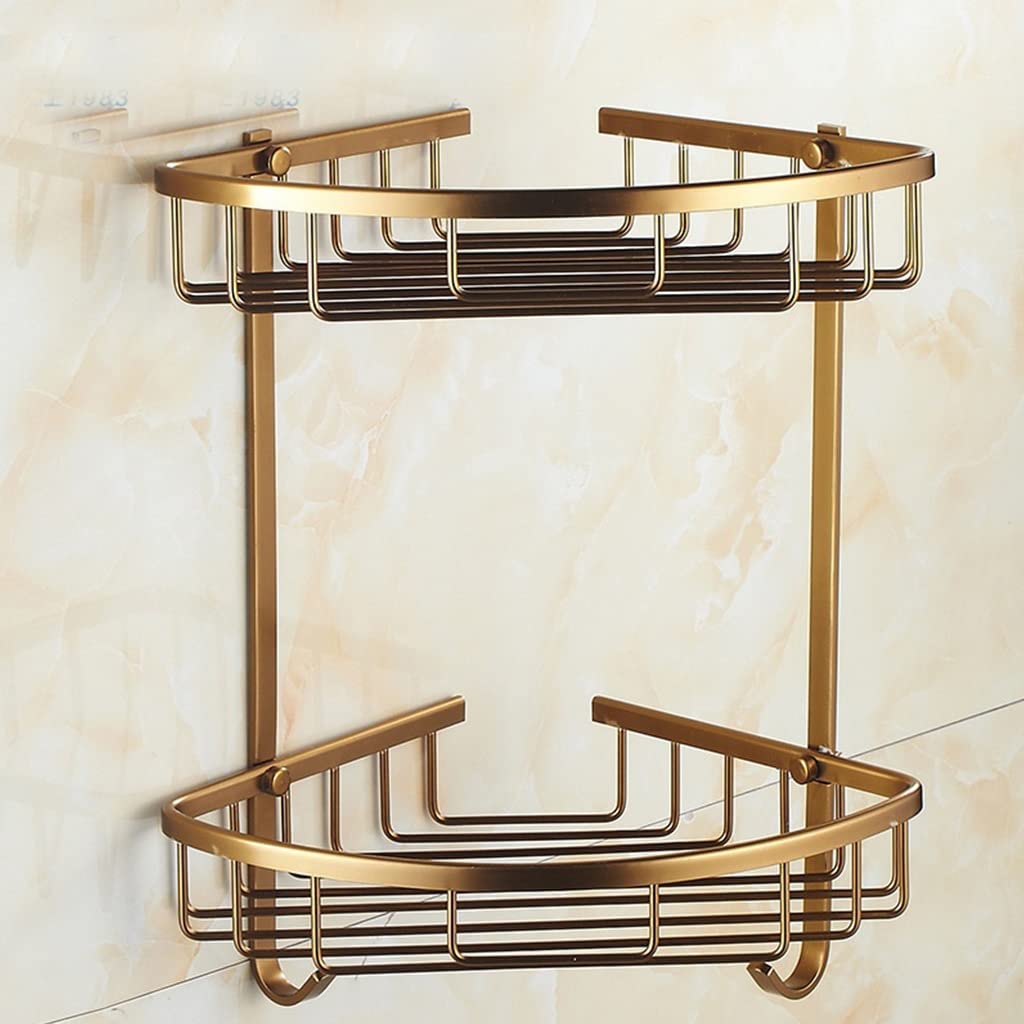 LUUYYI Bathroom Shower Shelf Corner Caddy Antique Bronze Alumimum Double-Layer with Hook Wall Rack Antique Triangle Draining Rack