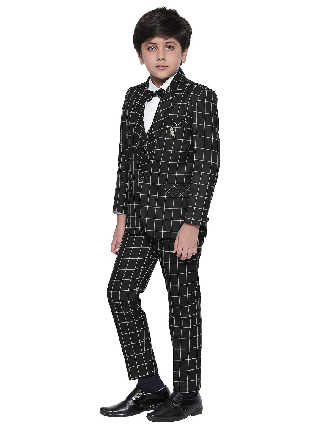Jeetethnics Boys Black Checked Coat Suit Set with Waistcoat Shirt and Trousers (9048EJ)