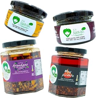 De Mamá Gourmet Chili Variety Pack – Cranberry Macha, Hot Morita Crisp, Habanero Crunch & Very Hot Macha Sauce – Spicy, Sweet & Smoky – Vegan, No Preservatives – Perfect for Tacos & Grilling (Pack of 4, 8.1 oz & 4.6 oz)