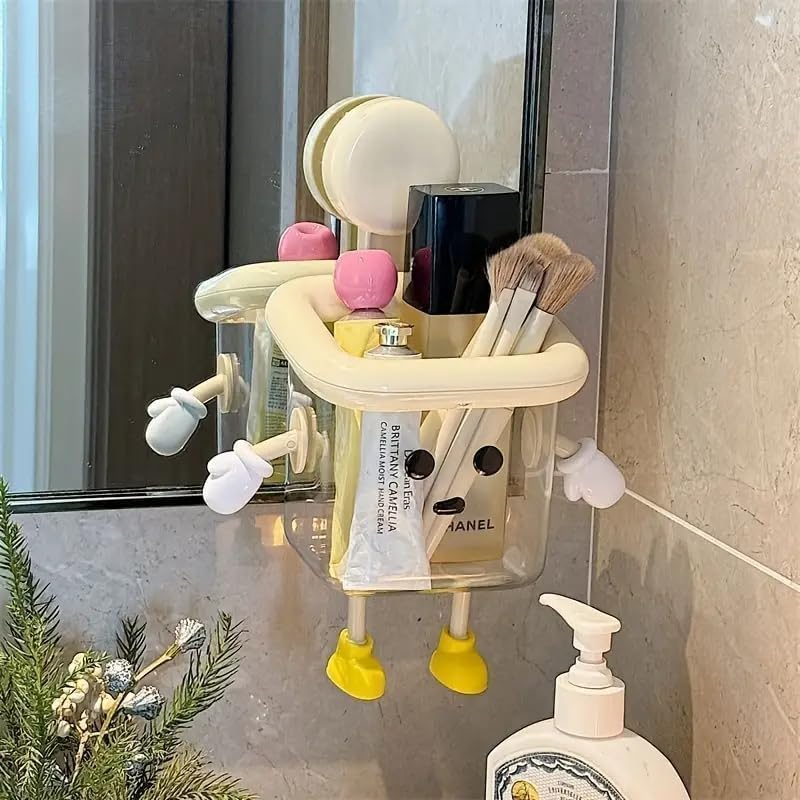 Image of KIMEE Cartoon Toothbrush Holder | Wall Mounted Self Adhesive Bathroom Storage Organizer for Toothbrush, Toothpaste, Face Cream & Lotion Holder