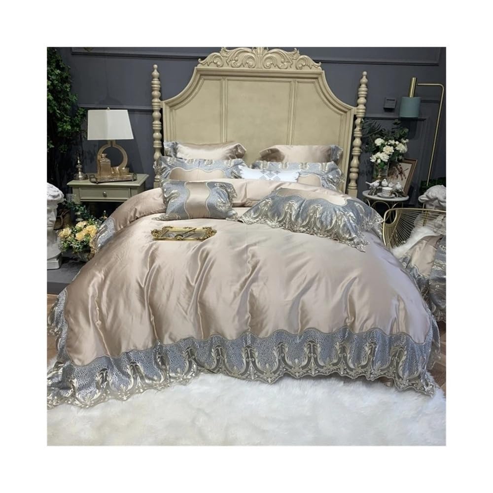 Bedding Set Copripiumino di Lusso con Ricamo in Pizzo, 4 Pezzi, in Cotone Egiziano 1000TC, Set Morbido e setoso