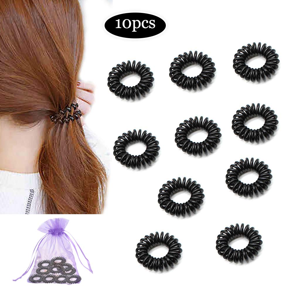 SENDILI 10 Pcs Spiral Hair Ties Phone Cord Hair Ties - Waterproof Traceless Strong Hold Elastic Ponytail Holder Phone Cord Hair Bands Suitable for All Hair Types for Womens and Girls/Black