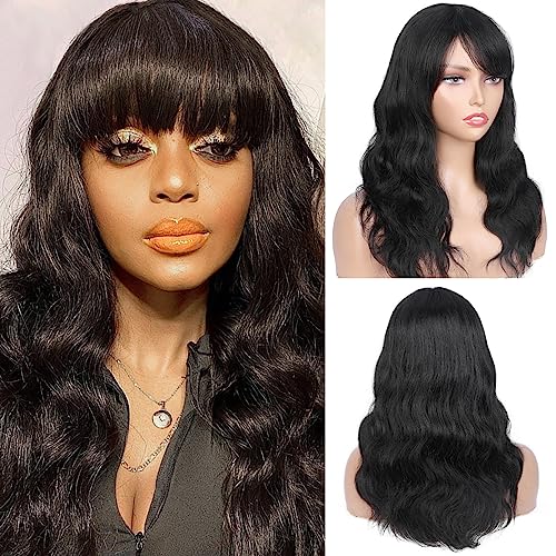 WIGNEE Natural Wavy Human Hair Wigs With Bangs Glueless Wigs Human Hair Lace Front Wigs Human Hair Body Wave Wig With Bangs Wigs For Black Women Human